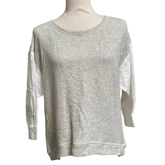 LOFT Gray Knit Mixed Media Top Small White Poplin Sleeve Pullover Blouse - Picture 1 of 11